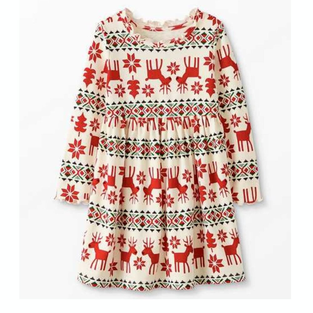 Hanna Andersson Girl's Holiday Christmas Print Ruffle Neck Dress Winter Red 6-7